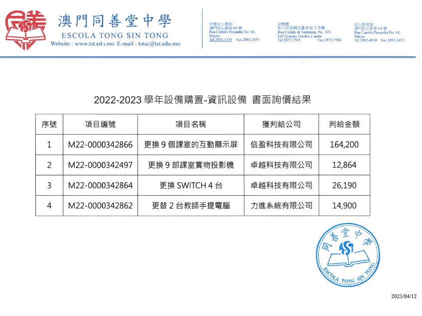 2022-2023學年設備購置-資訊設備 書面詢價結果