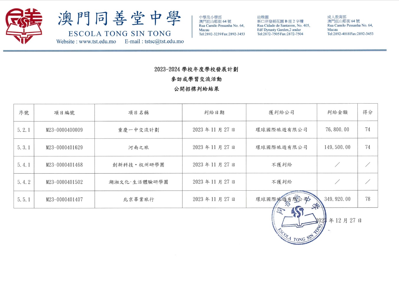 2023-2024學校年度“參訪或學習交流活動”公開招標結果