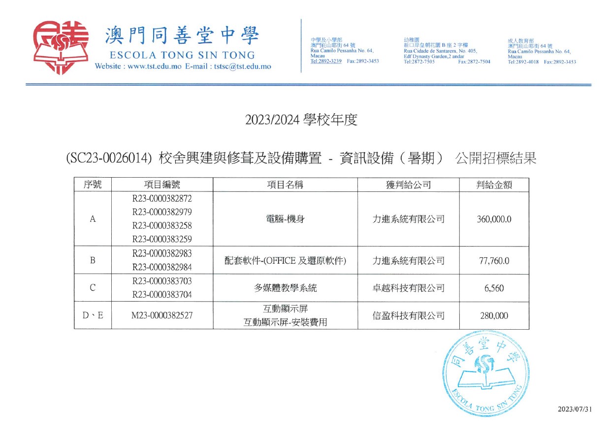 2023-2024學年資訊科技設備購置公開招標結果